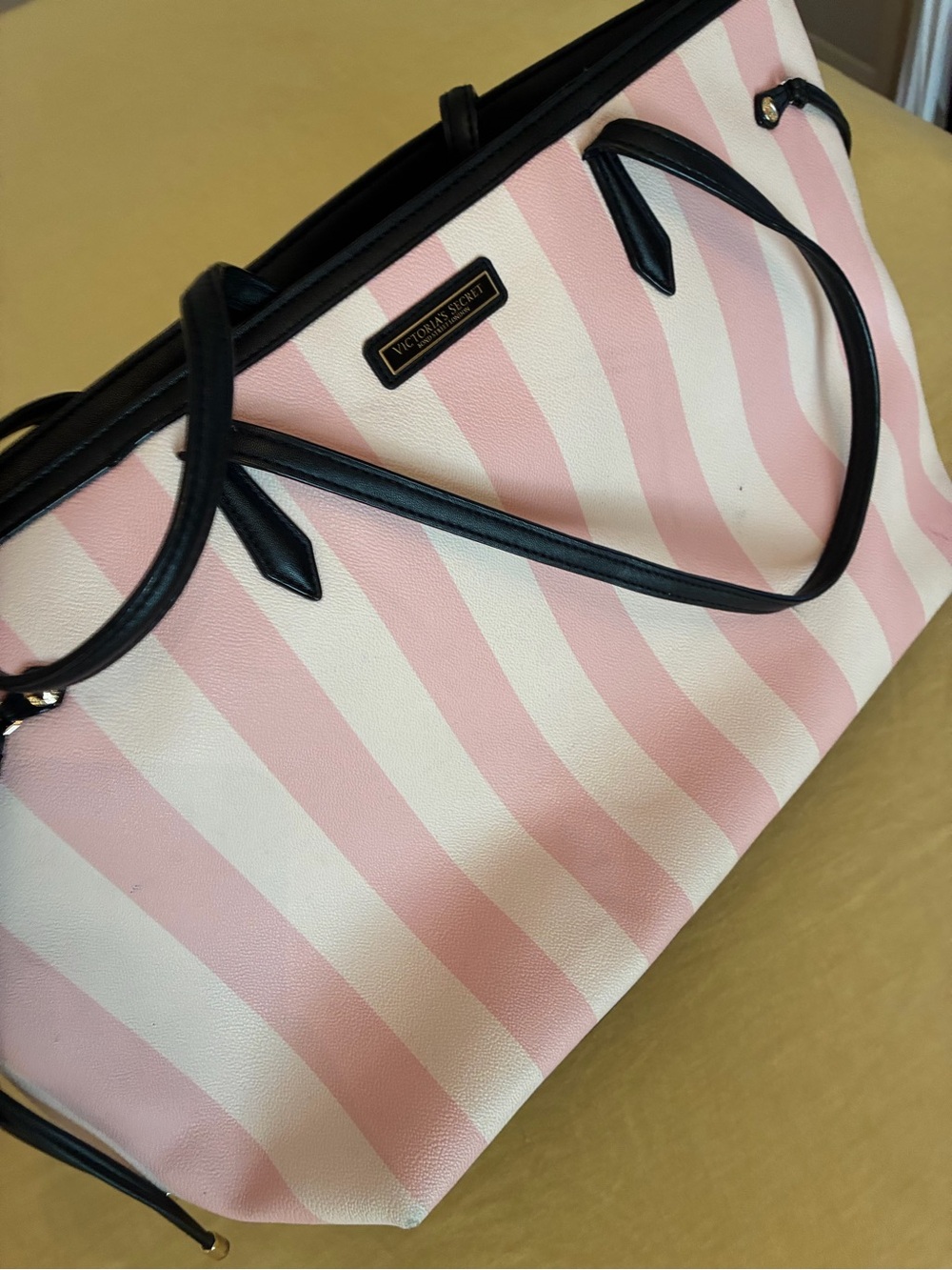 Victoria's Secret Pink and White Stripe Tote with Black Trim Handles